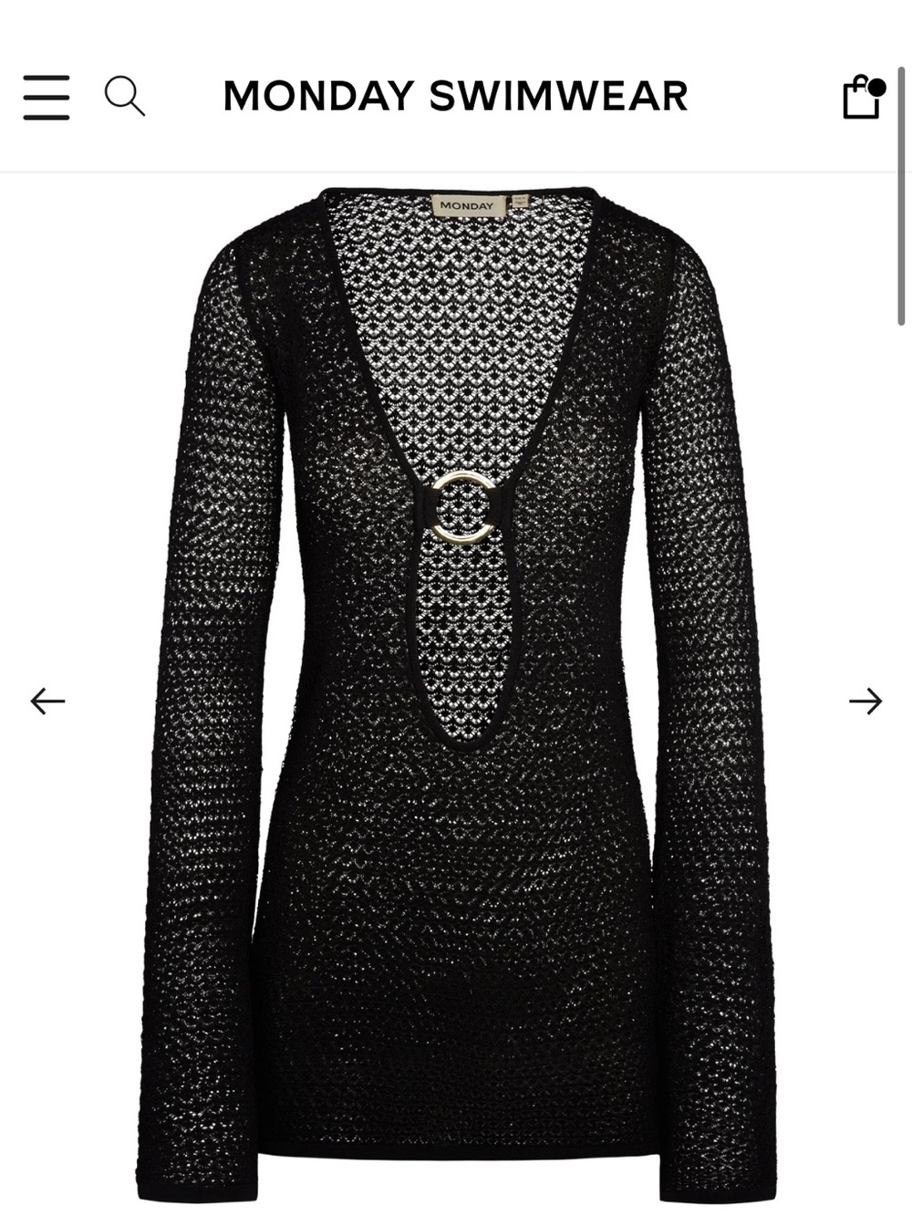 Monday Swimwear Black Crochet Long-Sleeve Coverup with Gold Ring